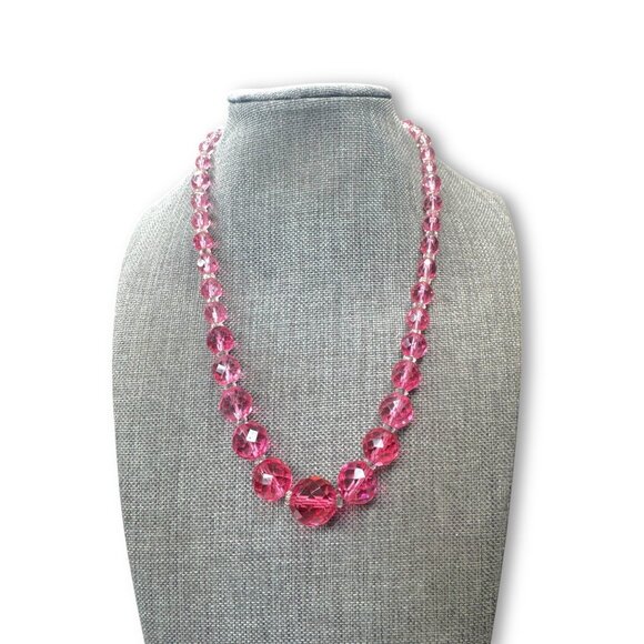 Japan Jewelry - Vintage Pink Faceted Crystal Graduated Beaded Necklace Japan 16.5" Mid-Century
